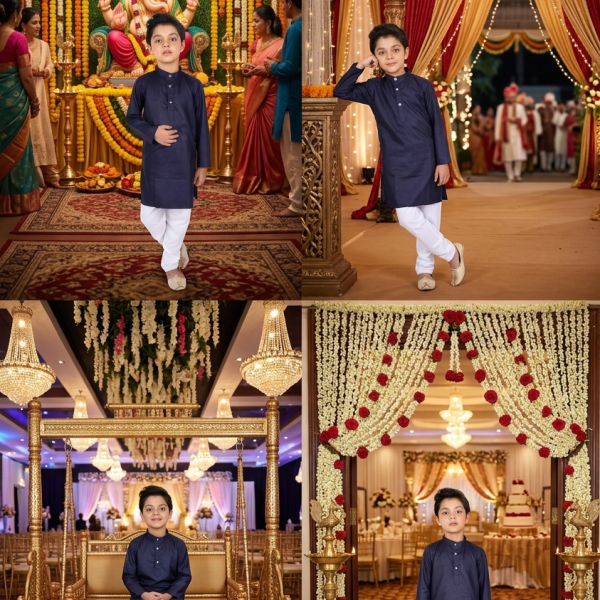 Navy Blue Cotton Plain Kurta For Boys