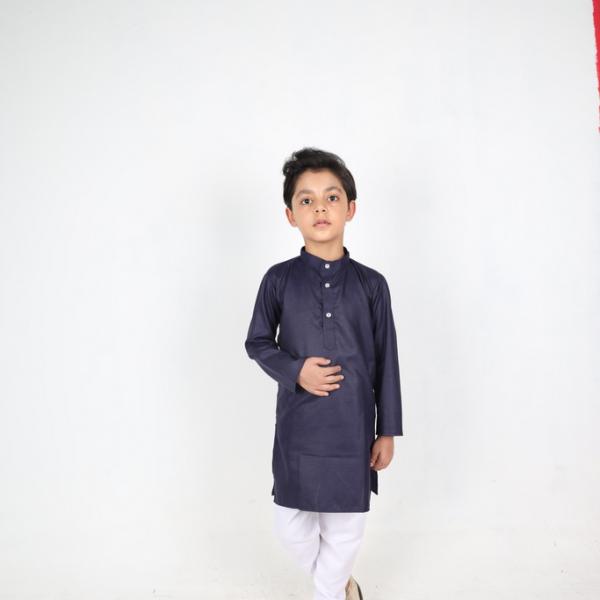 Navy Blue Cotton Plain Kurta For Boys