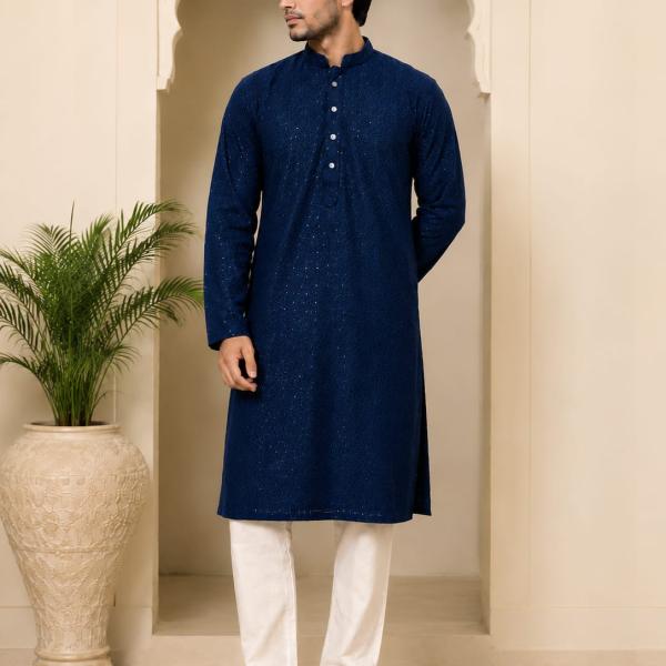 Navy Blue Sequin Lakhnavi Kurta Online For Men
