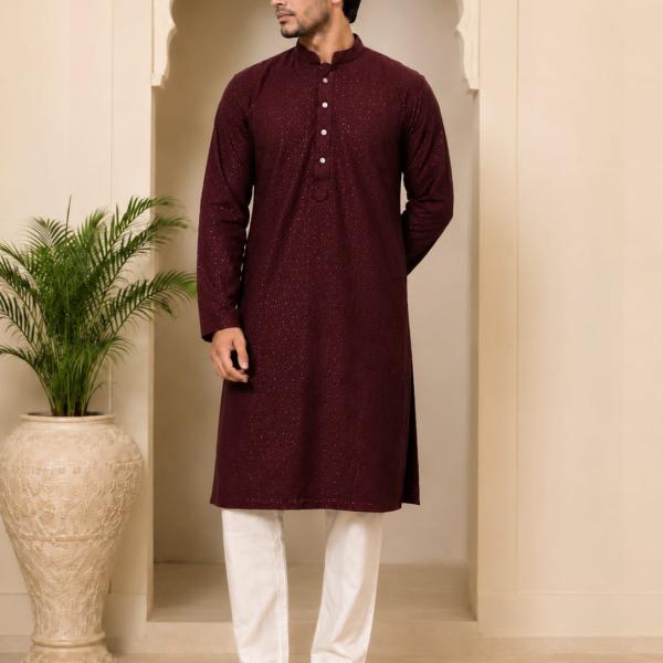 Maroon Lakhnavi Kurta For Men