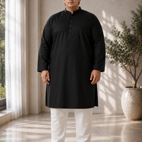 Men’s Plus Size Black Plain Cotton Kurta