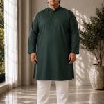 Plus size bottle green solid kurta for men