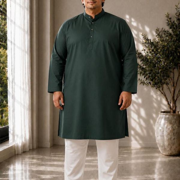 Plus size bottle green solid kurta for men