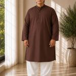 Plus size brown solid kurta for men