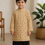 Beige Printed Cotton Kurta For Boys